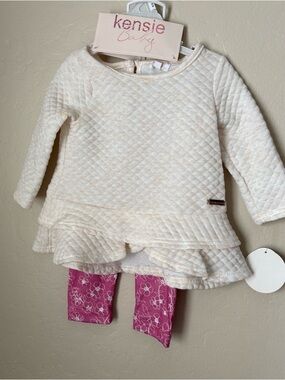 Kensie Baby Cream Quilted Outfit with Pink Logo Detail
